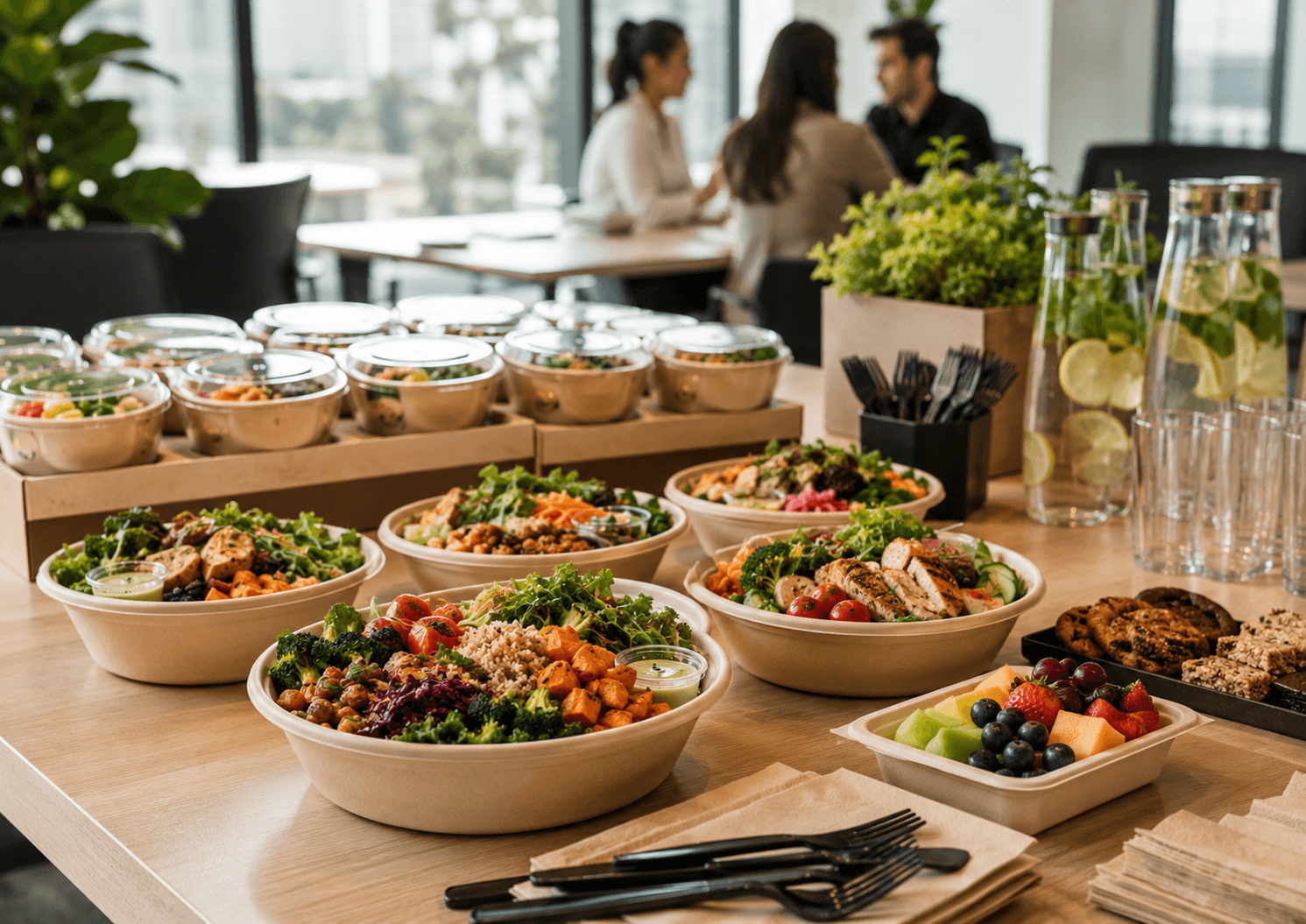 Team enjoying healthy meals at work
