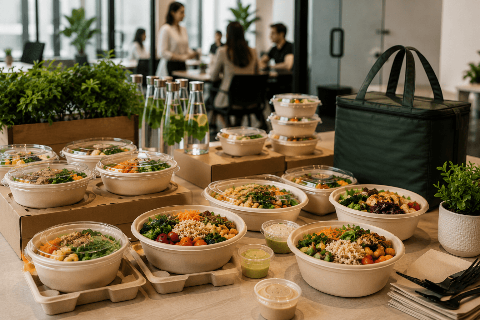 Assorted healthy meal bowls arranged on a wooden table